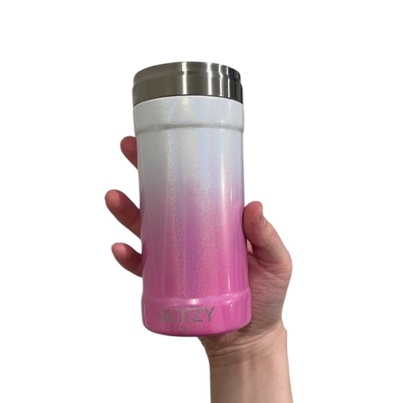 Two Glitzy 12 oz Can Cooler in Blue Teal Pink Sparkle Ombré Skinny Can Fit Shiny - Picture 3 of 16